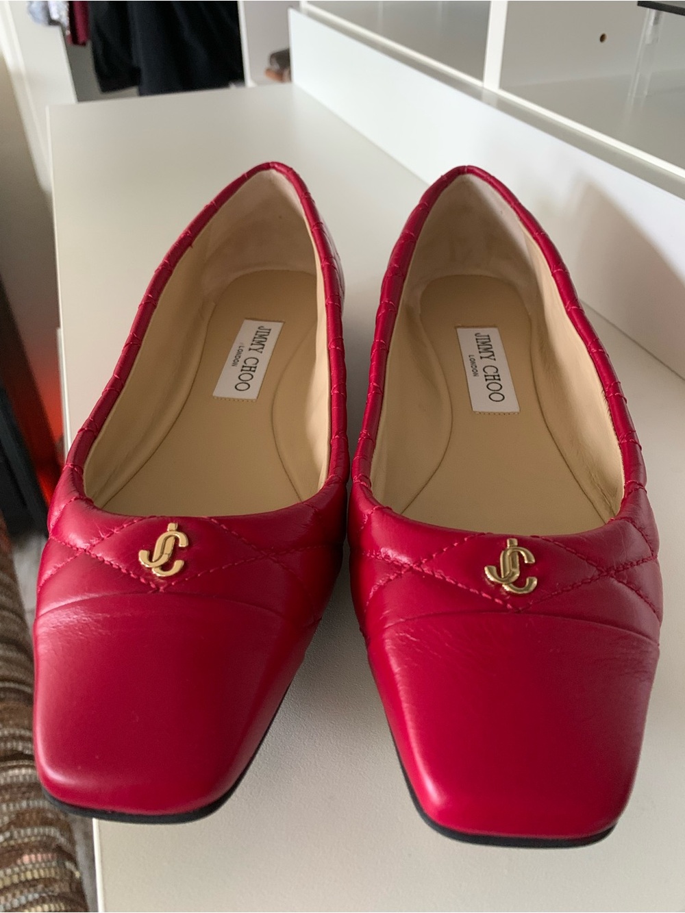 Jimmy Choo Red Quilted Leather Square-Toe Ballet Flats with Gold JC Logo